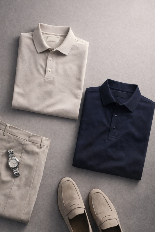 Minimal premium menswear flat lay featuring luxury polo shirt and smart casual clothing on neutral background, modern luxury fashion styling in Bangladesh