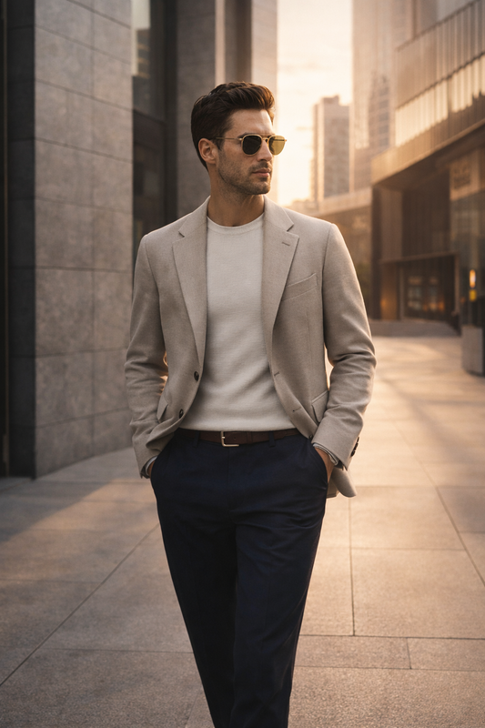 Modern elite everyday lifestyle menswear outfit showing refined casual luxury clothing and minimal premium fashion styling for daily professional wear