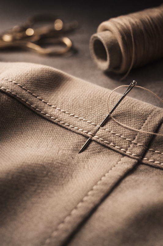Close up macro of premium cotton fabric weave and stitching detail showing luxury clothing craftsmanship and textile quality engineering