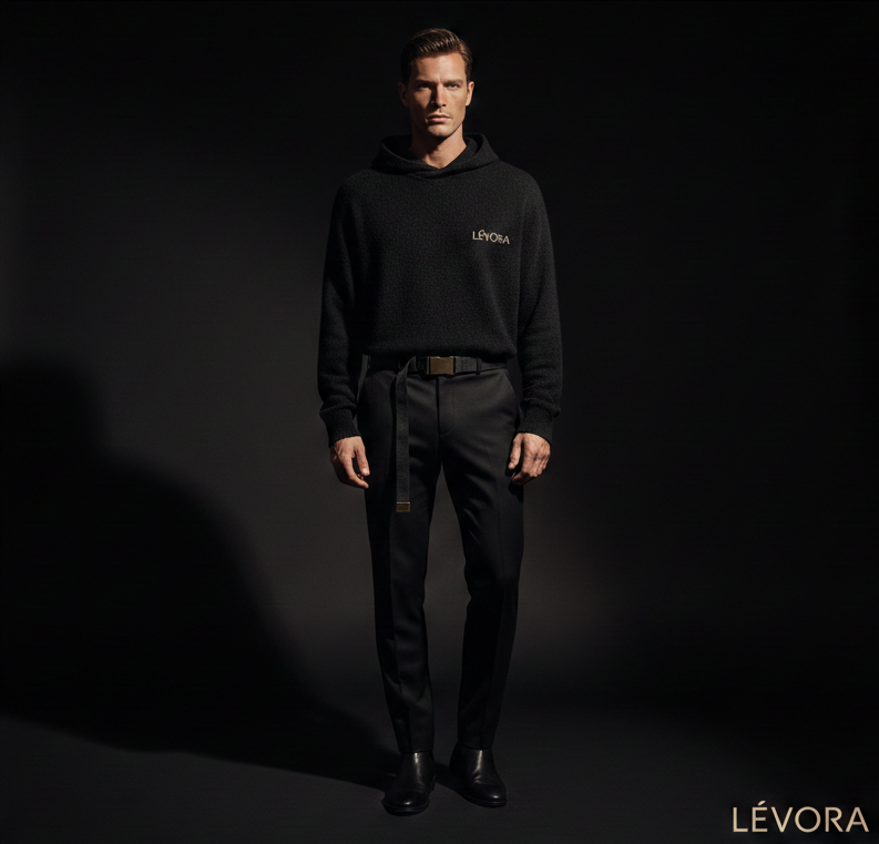 Man wearing a black hoodie and pants with 'LEVORA' branding on a dark background