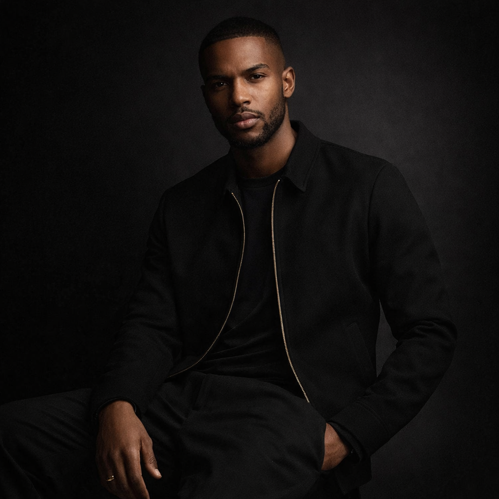 Man wearing a black jacket against a dark background