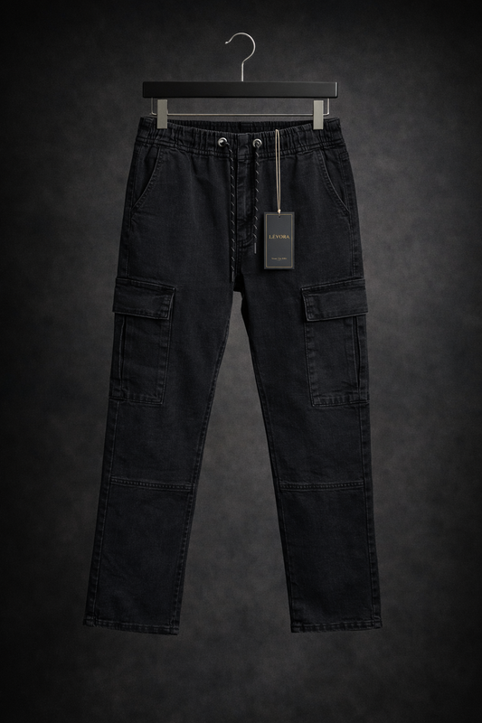 LÉVORA Premium Washed 6 Pocket Cargo Pant – Deep Charcoal