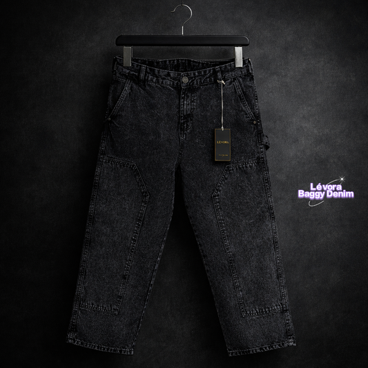 LÉVORA Premium Baggy Washed Denim Pant — Ash Black